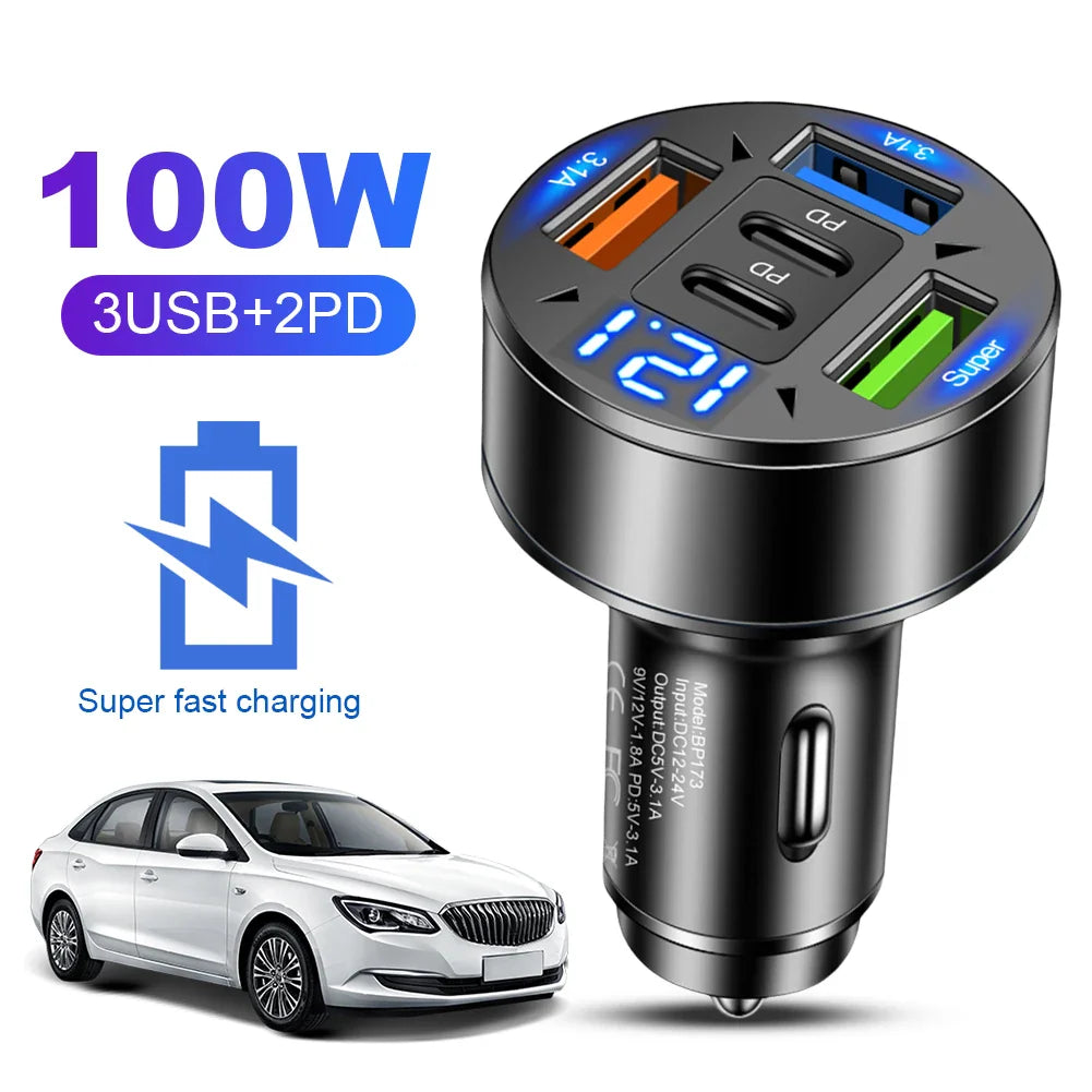 100W 5-Port Car Charger PD QC3.0 USB-C Fast Charging