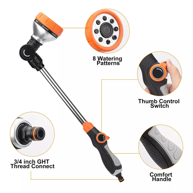 Garden Hose Wand Sprayer – 8 Patterns, 180° Swivel Head