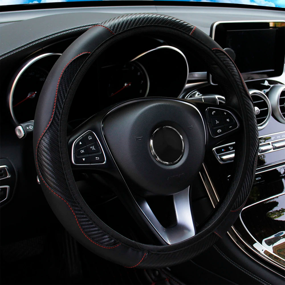 PU Carbon Fiber Steering Wheel Cover | 14.5–15 Inch Fit