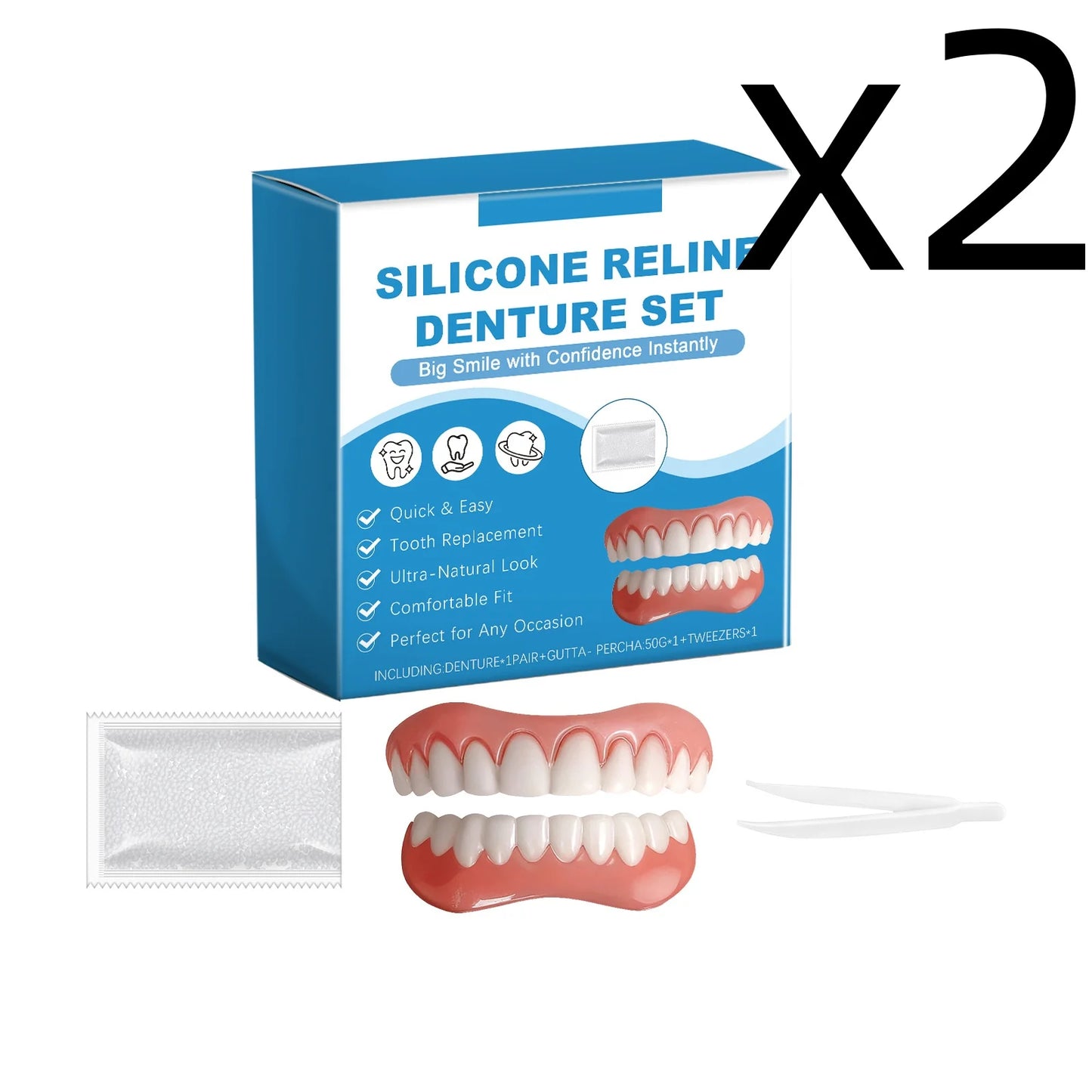 Silicone Reline Denture Set Perfect Fit Oral Repair Missing Broken Tooth High Durable Natural Appearance Portable Fake Teeth Kit Peaceful Pleasures Health and Wellness 1set Boxed X 2PCS