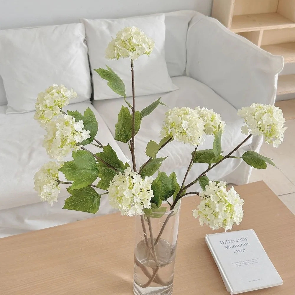 3-Head White Artificial Hydrangea Branch | Faux Floral Decor