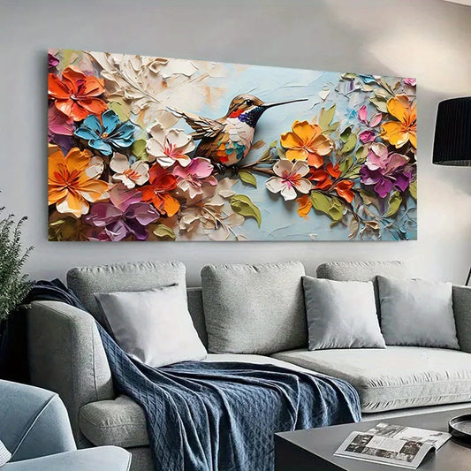 Modern Wooden Wall Canvas Painting, Vibrant Floral Hummingbird Art Poster, Decor Artwork for Living Room and Bedroom, No Frame Peaceful Pleasures Health and Wellness