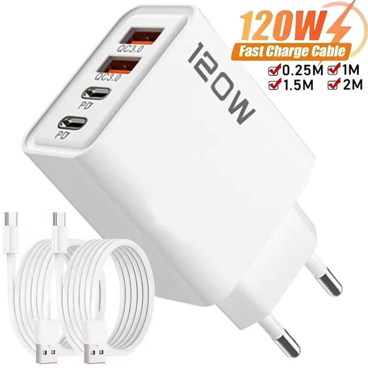 120W 4-Port USB-C Fast Wall Charger | iPhone & Android Multi-Port Wall Charger Oasis Select 1.5M 10A Cable 1pcs
