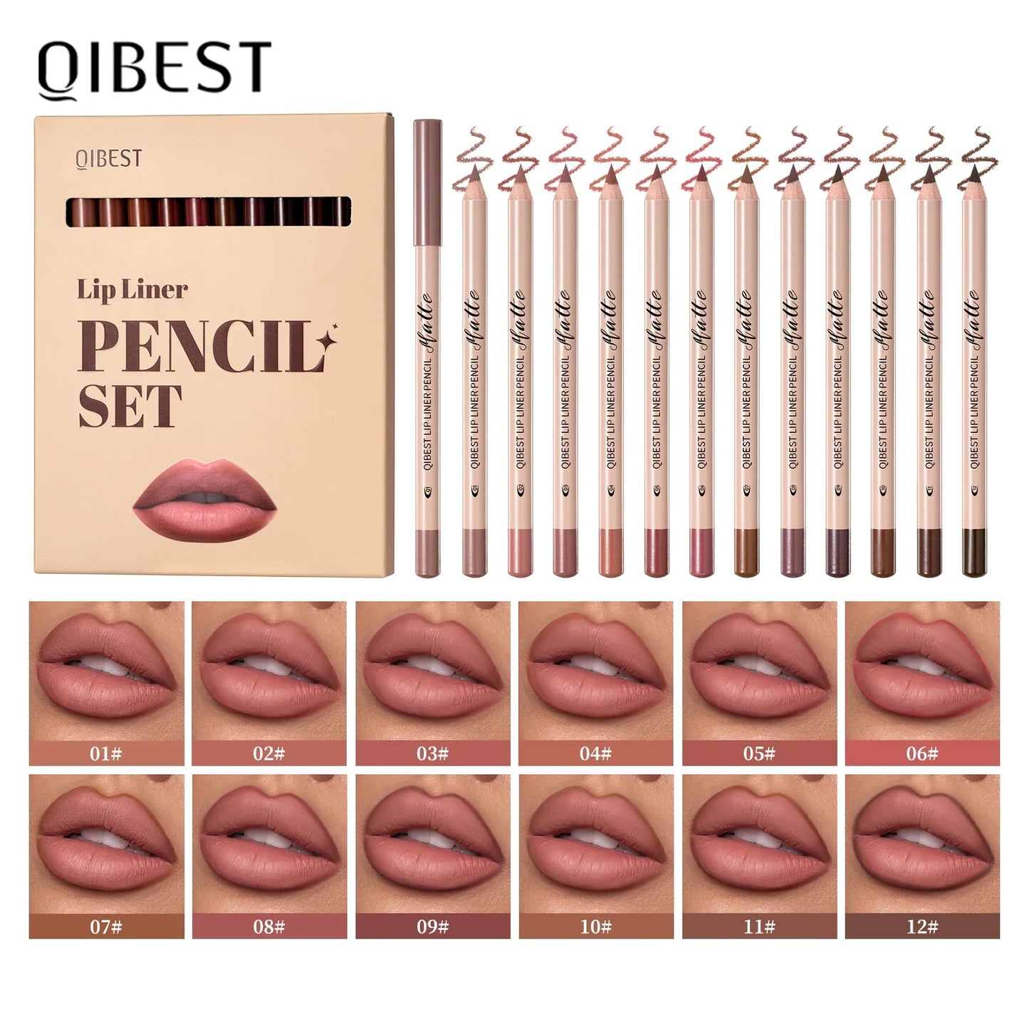 QIBEST 12pcs Lip Liner Pen Set Long-Lasting Waterproof Sweatproof Easy Coloring Non-fading Color Rendering Lipliner Set Makeup Peaceful Pleasures Health and Wellness Lipliner Sets