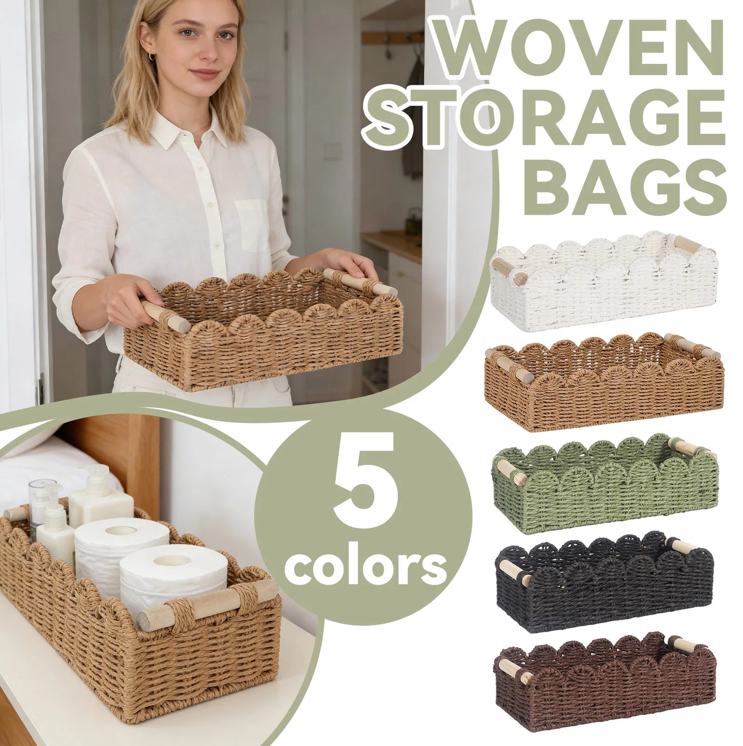 Scalloped Paper Rope Storage Basket with Wooden Handles