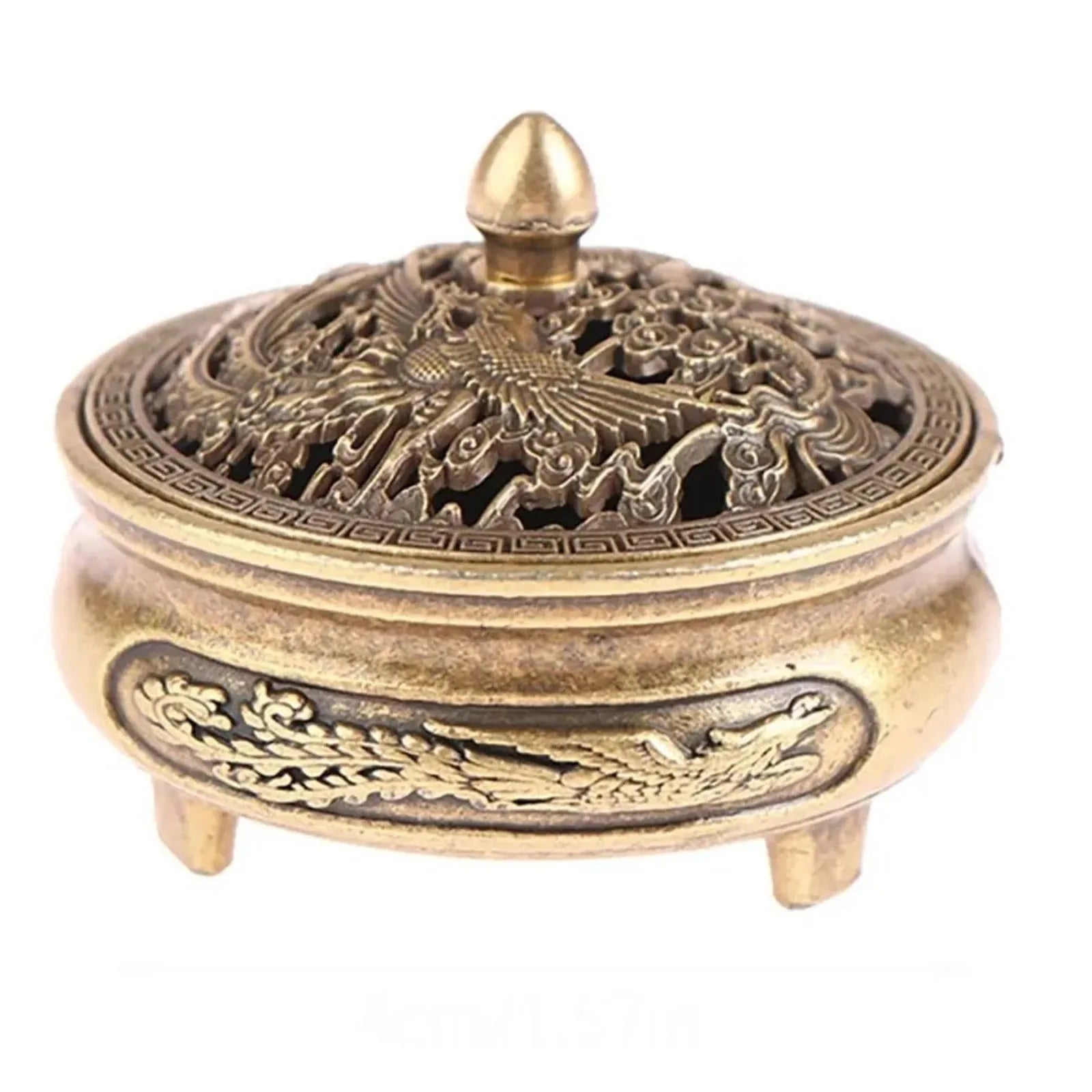 Antique Brass Hollow Dragon Phoenix Incense Burner Incense Mini Ornaments for Home Chinese Ancient Tea Desk Decor Indoor Perfume Peaceful Pleasures Health and Wellness