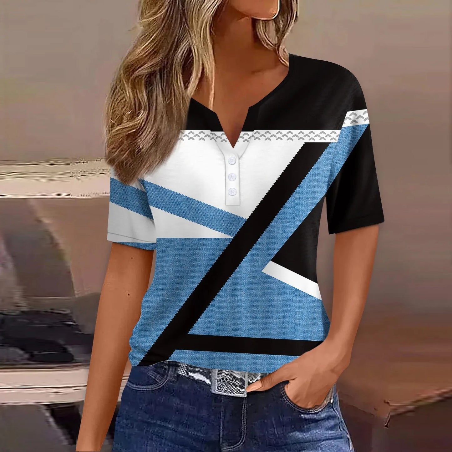 Women's Patchwork V-Neck T-Shirt | Casual Short Sleeve Button Top