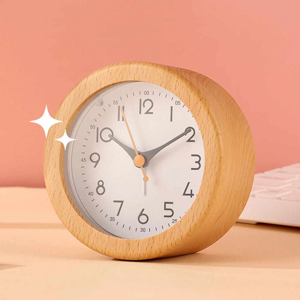 Minimalist Solid Wood Analog Alarm Clock with Night Light