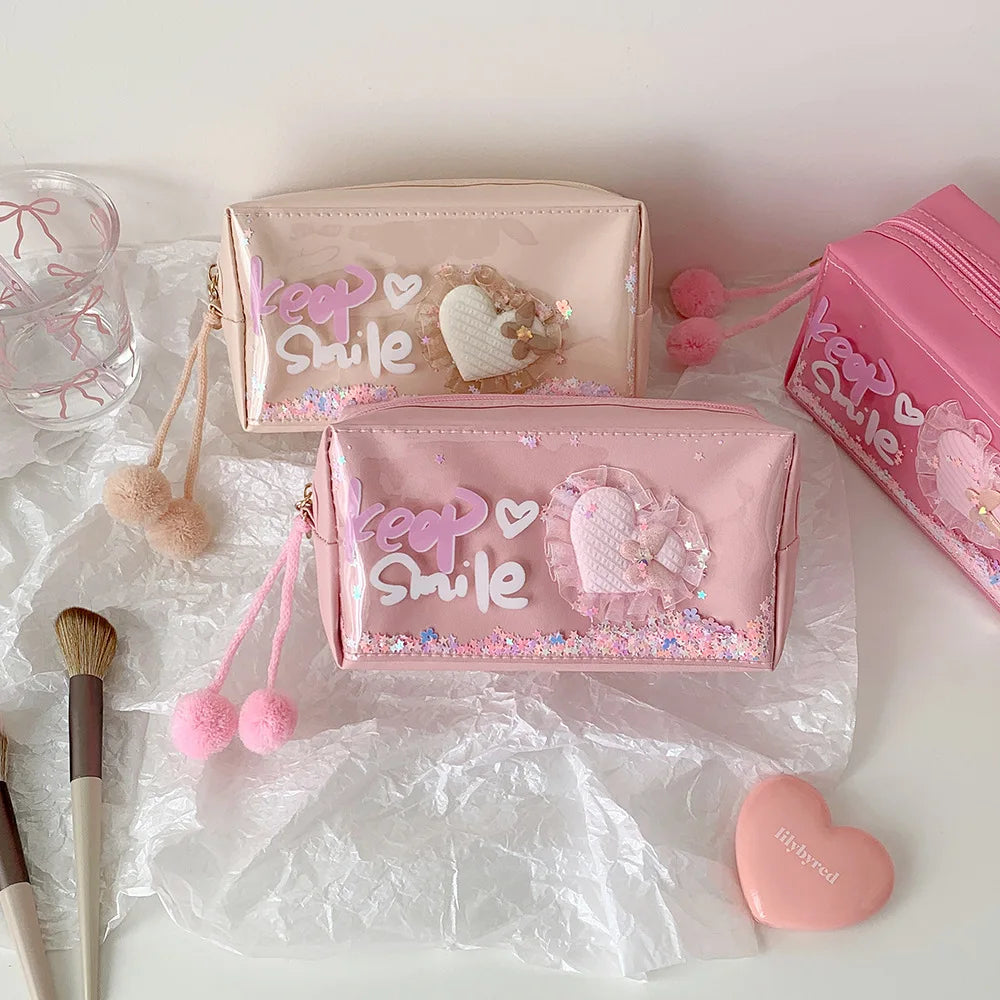 Creative Love Flowing Sand Pencil Bag Student Large Capacity