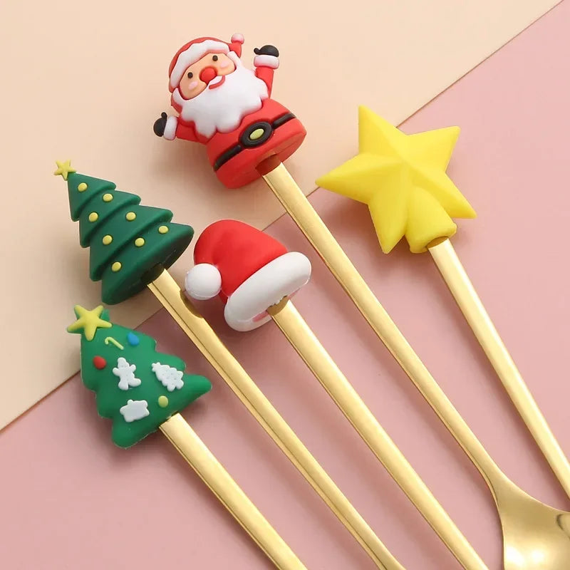 2/6pcs Christmas Gift Set Stainless Steel Spoon and Fork Cartoon Doll Tableware Coffee Spoon and Fork Set with For Home Use Peaceful Pleasures Health and Wellness