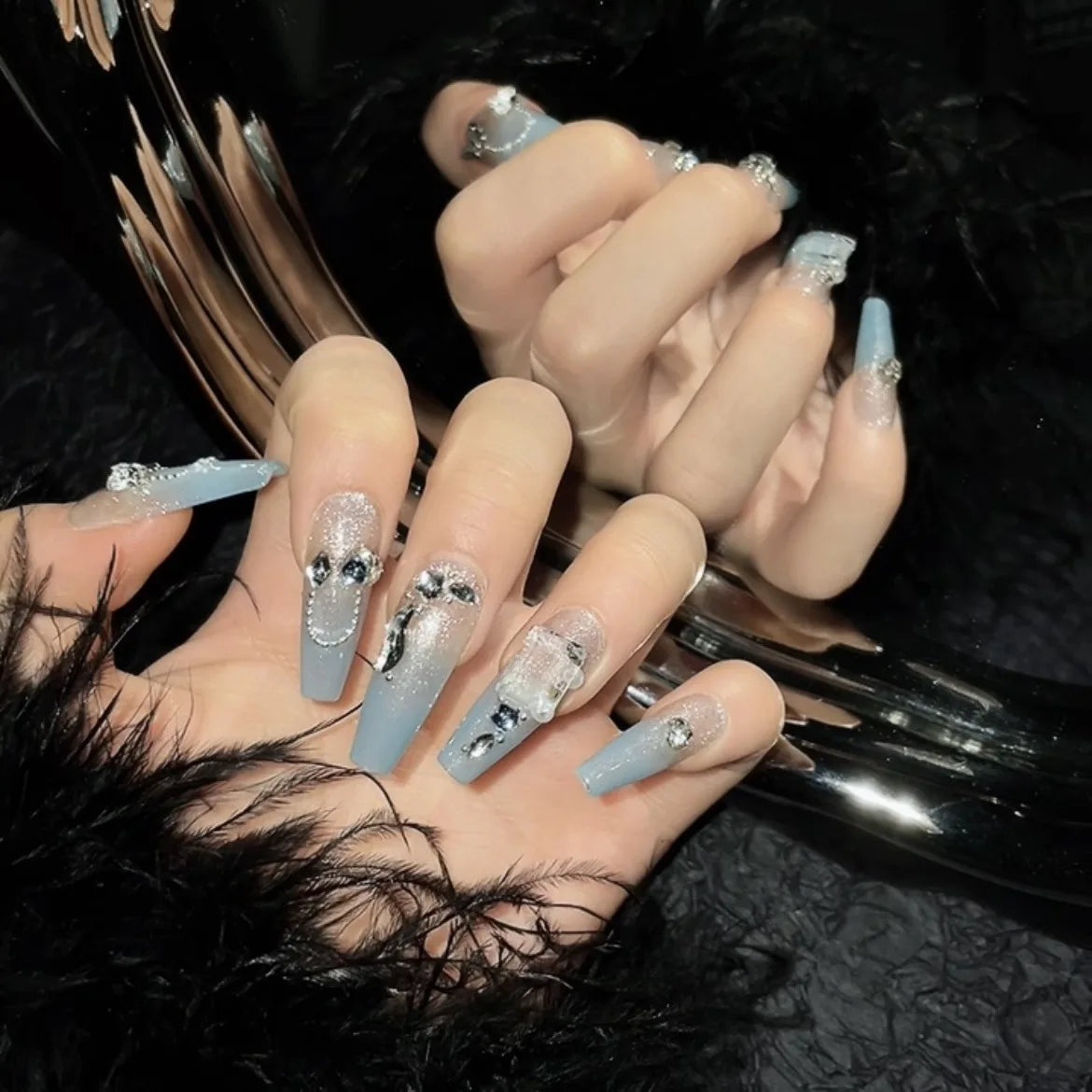 Handmade Press-On Nails Gradient Blue Cat Eye Glitter Butterfly
