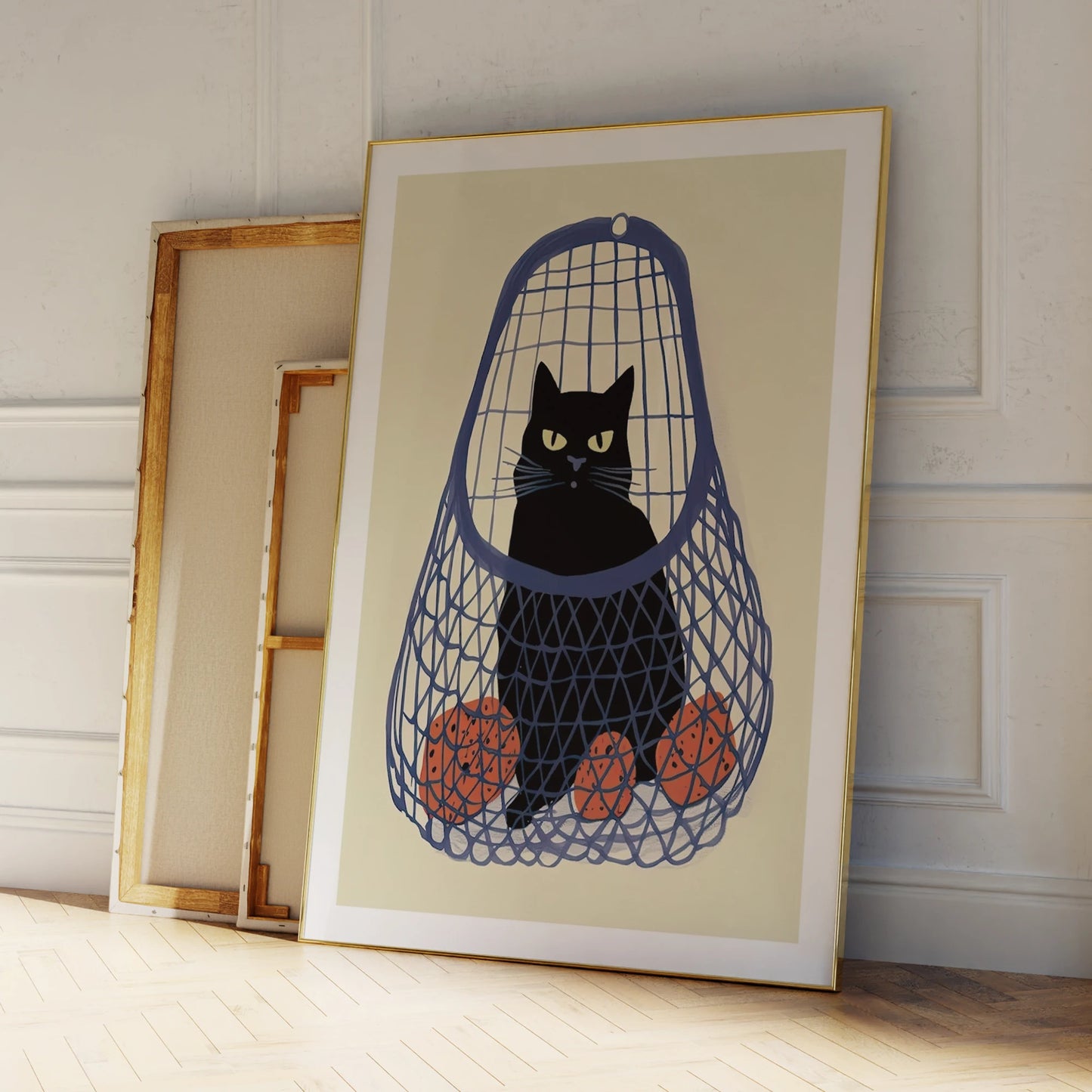 Black Cat Blue Bag Oranges Canvas Wall Art Print | Home Decor