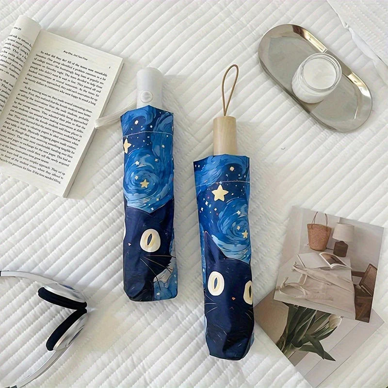 Blue Cartoon Cat Folding UV Umbrella – Sun & Rain Protection
