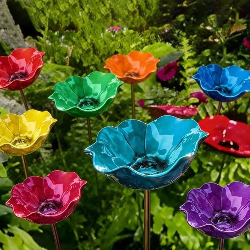 Handcrafted Metal Flower Garden Stake & Bird Bath | UV Resistant