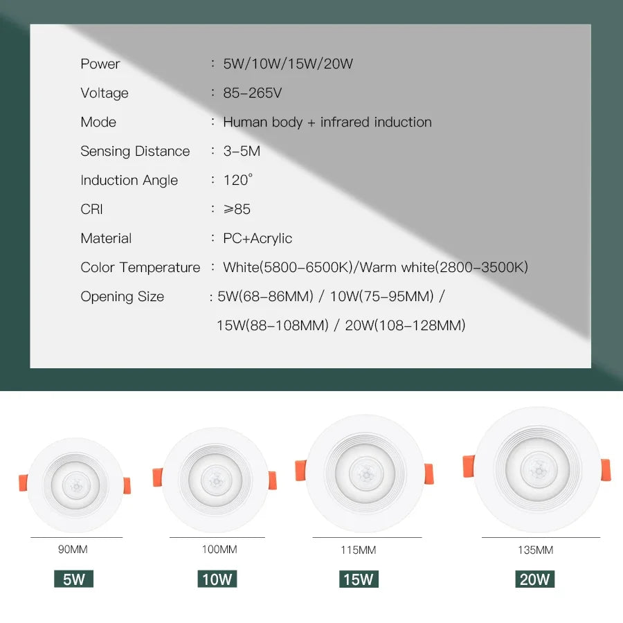 PIR Motion Sensor LED Downlight 5W–20W Recessed Ceiling Spot
