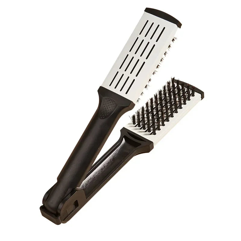 Pro Hairdressing Straightener Nylon Hair Straightening Double Brushes V Shape Comb Clamp Not Hurt Styling Tools DIY Home Peaceful Pleasures Health and Wellness White