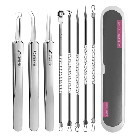 8-Piece Stainless Steel Blackhead Extraction Tool Kit Skin Extraction Tool Kit Peaceful Pleasures Health and Wellness silver
