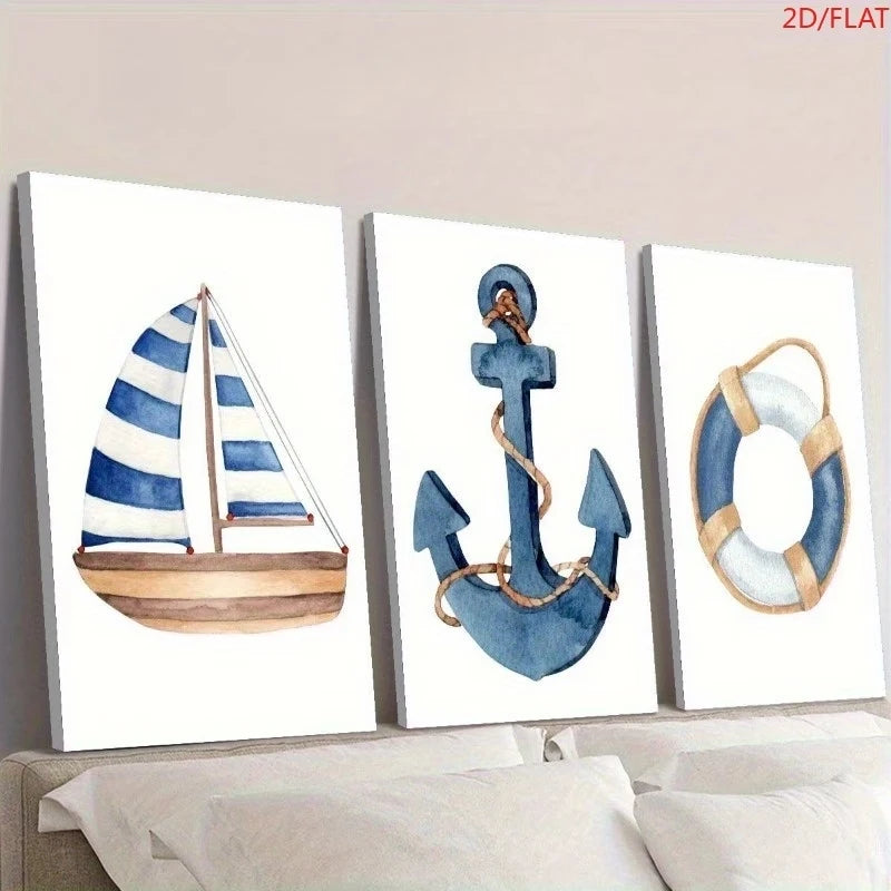 3-Piece Watercolor Sailboat Nautical Canvas Wall Art Set