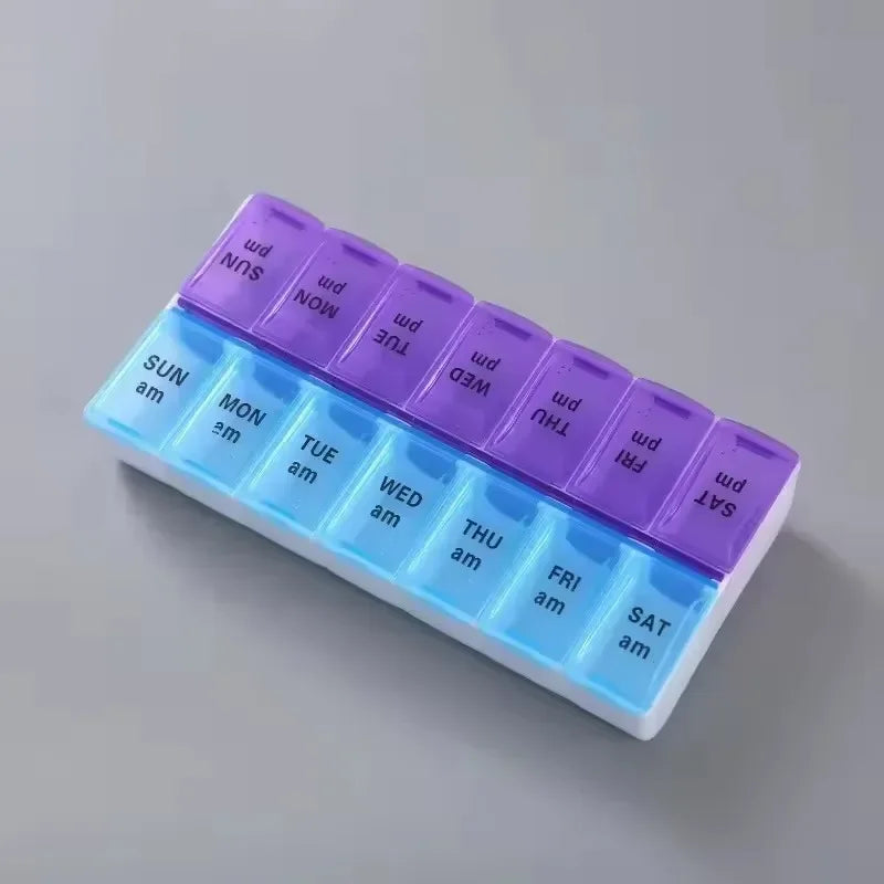 Pill Box Case 7 Day Weekly Medicine Storage Box Double Row 14grid Tablte Dispenser Organizer Open Lid First-Aid Kit Container Peaceful Pleasures Health and Wellness 1 PCS