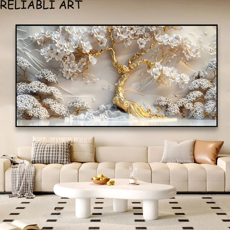 3D Golden White Flower Tree Poster and Prints Light Luxury Canvas Painting Wall Art Pictures for Living Room Home Decor No Frame Peaceful Pleasures Health and Wellness flower 24 7-25-6 20x40cm