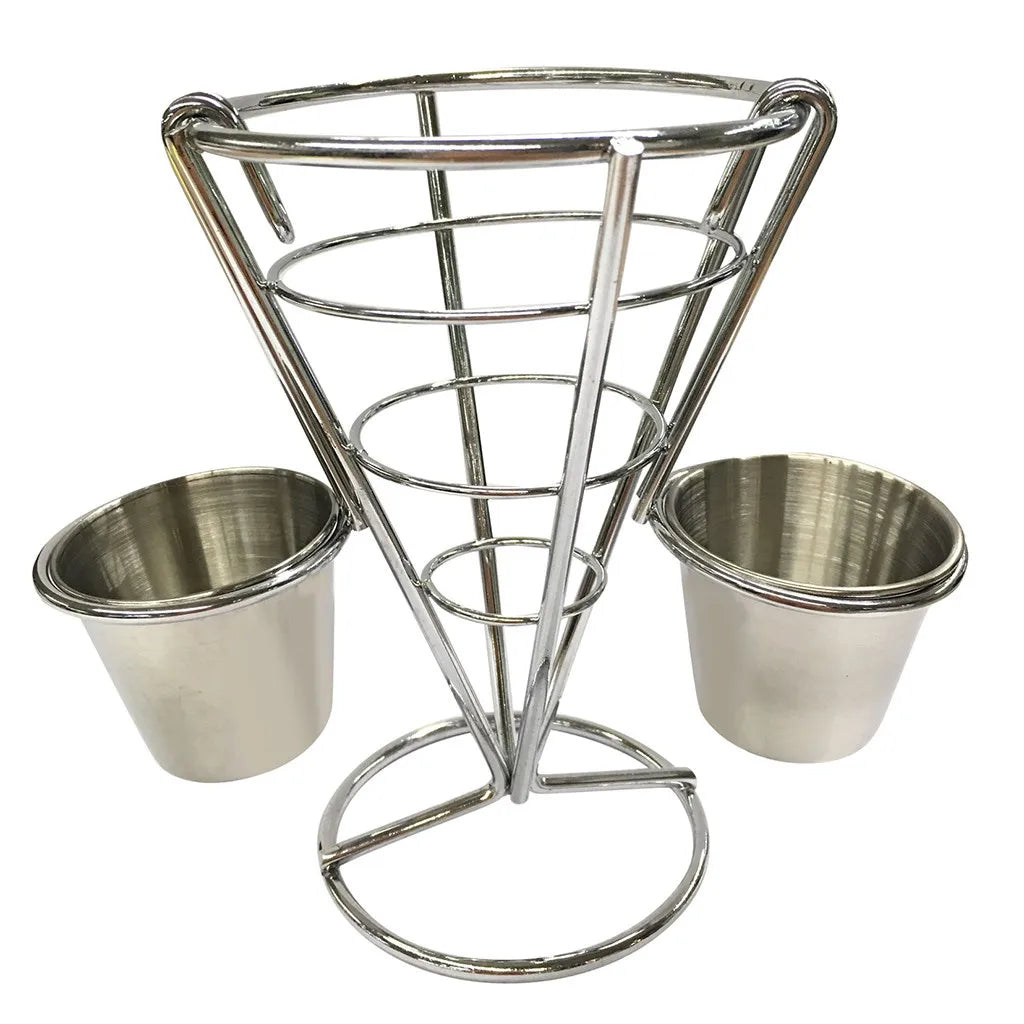 Stainless Steel French Fry Stand Cone Basket with Dip Cups