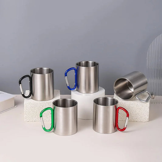 Hot 300ml Camping Travel 201 Stainless Steel Cup Carabiner Hook Handle Picnic Water Mug Outdoor Travel Hike Cup Portable Mug Peaceful Pleasures Health and Wellness