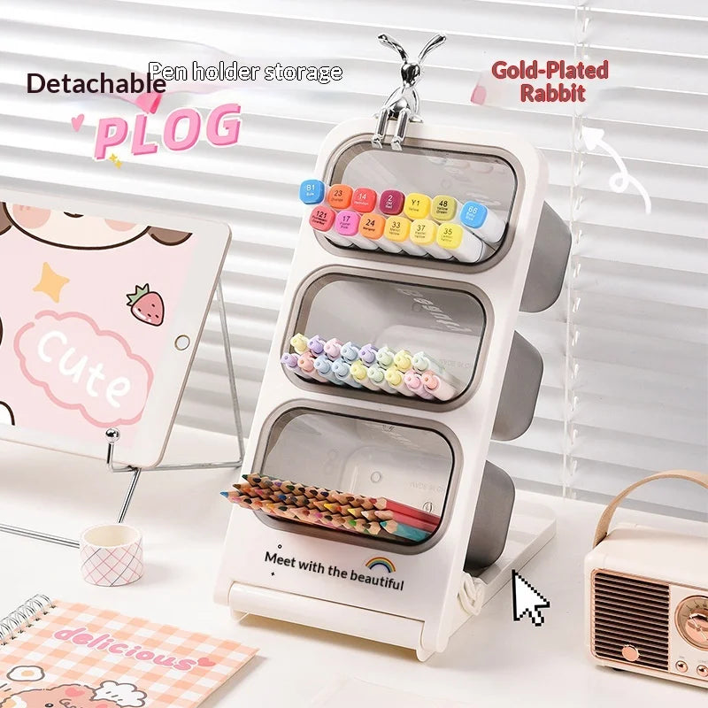 Stylish High Capacity Slant Plug-in Pen Holder Desktop Organizer Multi-layer Student Stationery Storage Box for Office School Peaceful Pleasures Health and Wellness
