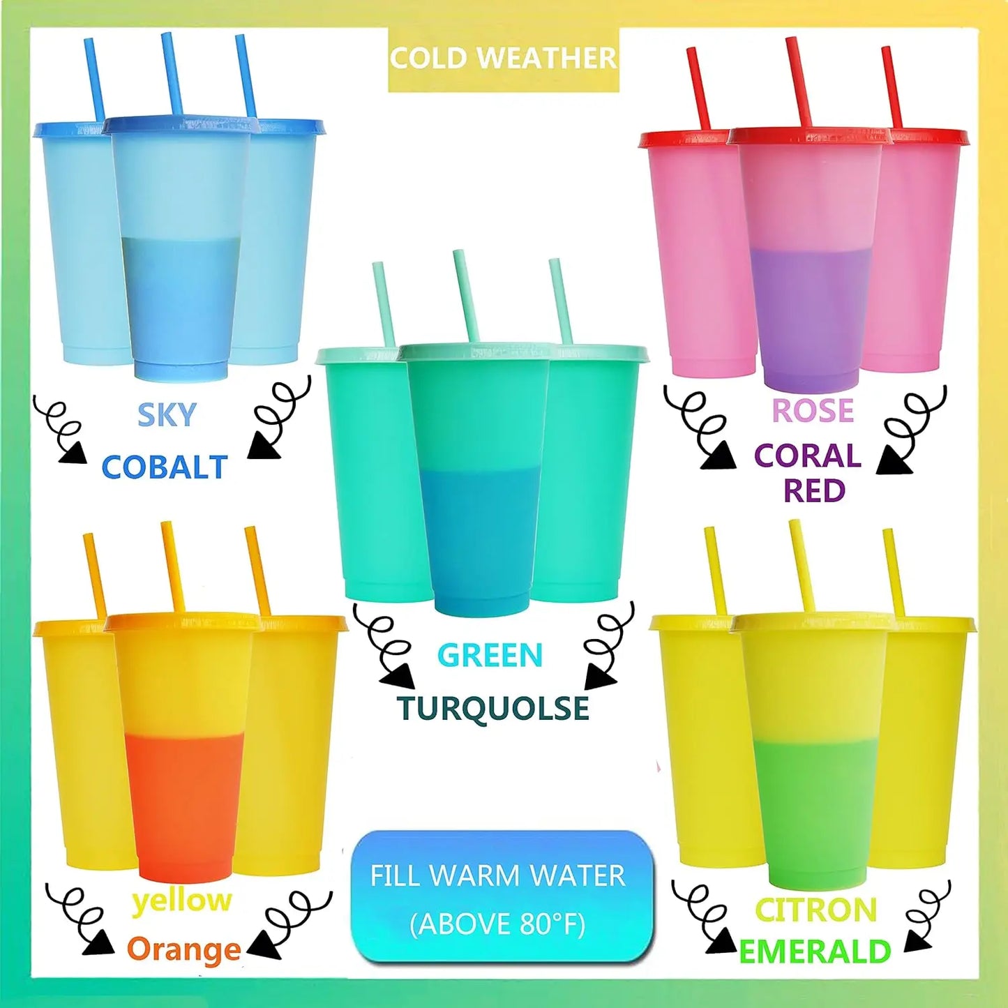 5PCS Plastic Cute Cold Cups with Lids and Straws for Iced Coffee 24 oz Color Changing Reusable for Adults Kid Women Party Peaceful Pleasures Health and Wellness