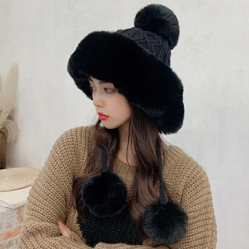 Women's Plush Ball Beanie | Winter Ear Protection Knit Hat