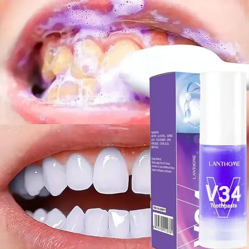 V34 Purple Teeth Whitening Toothpaste Remove Plaque Stains Cleaning Oral Hygiene Dental Bleach Tools Fresh Breath Beauty Health Peaceful Pleasures Health and Wellness 30ml Toothpaste