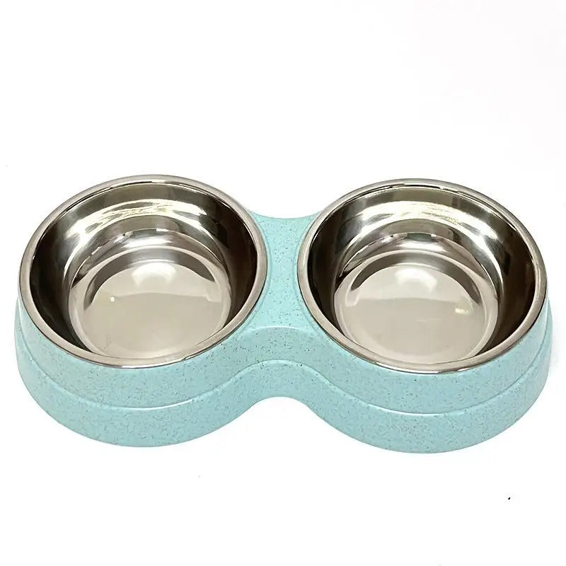 Colorful Wheat Straw Base Stainless Steel Pet Tableware Healthy Safe Double Bowl Feeding Set Liner Cat Dog Drinking Feeding Bowl Peaceful Pleasures Health and Wellness 1pcs Blue