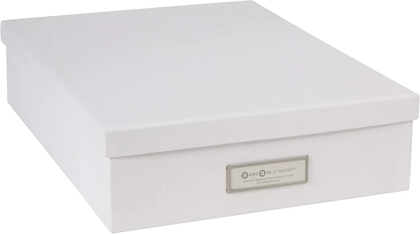 White storage box with a brand label on a white background