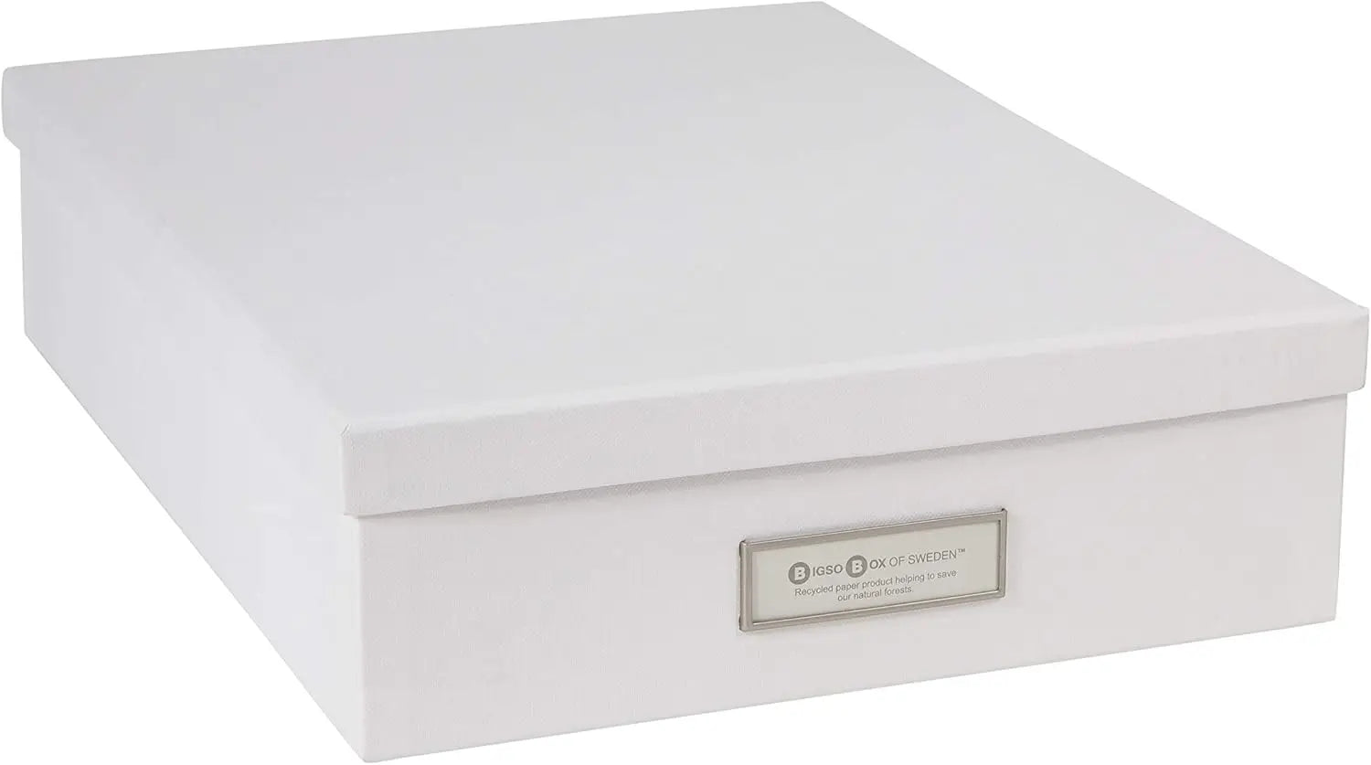 White storage box with a brand label on a white background
