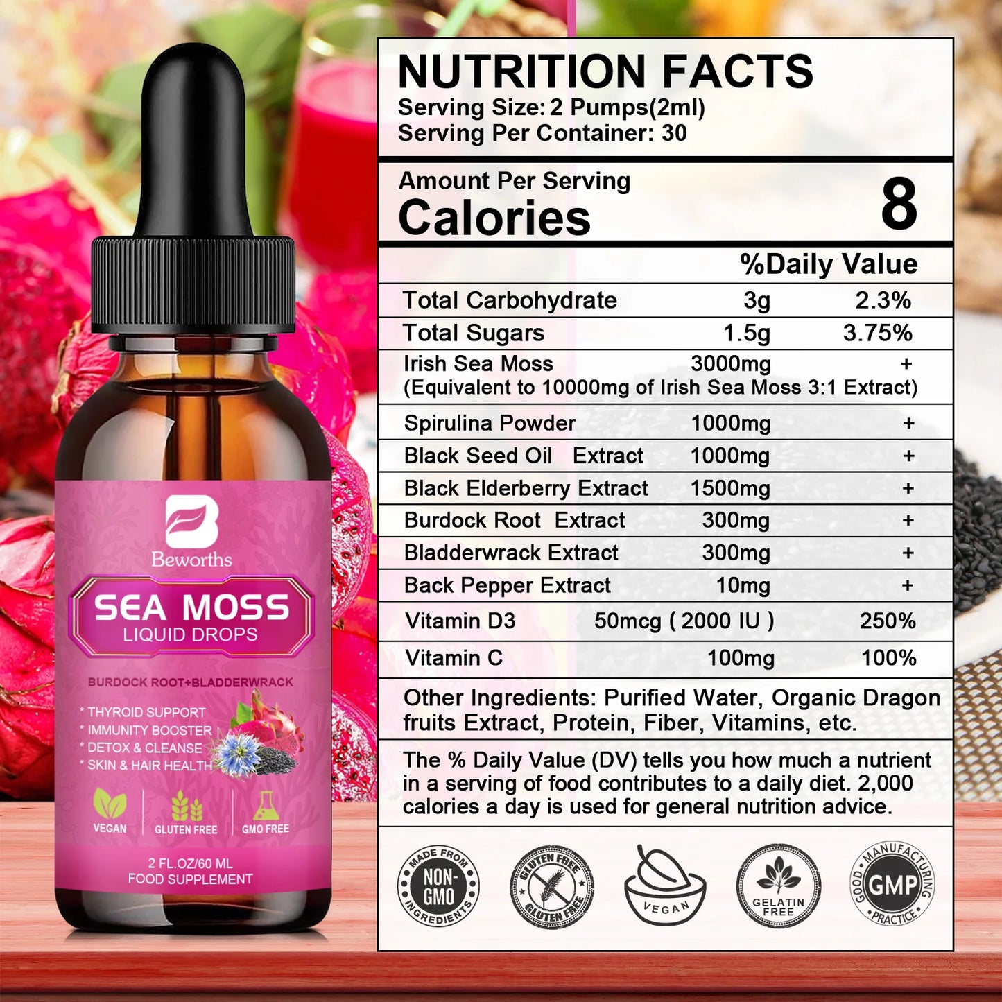Sea Moss Liquid Drops 3000mg – Black Seed Oil, Burdock Root & Elderberry Peaceful Pleasures Health and Wellness