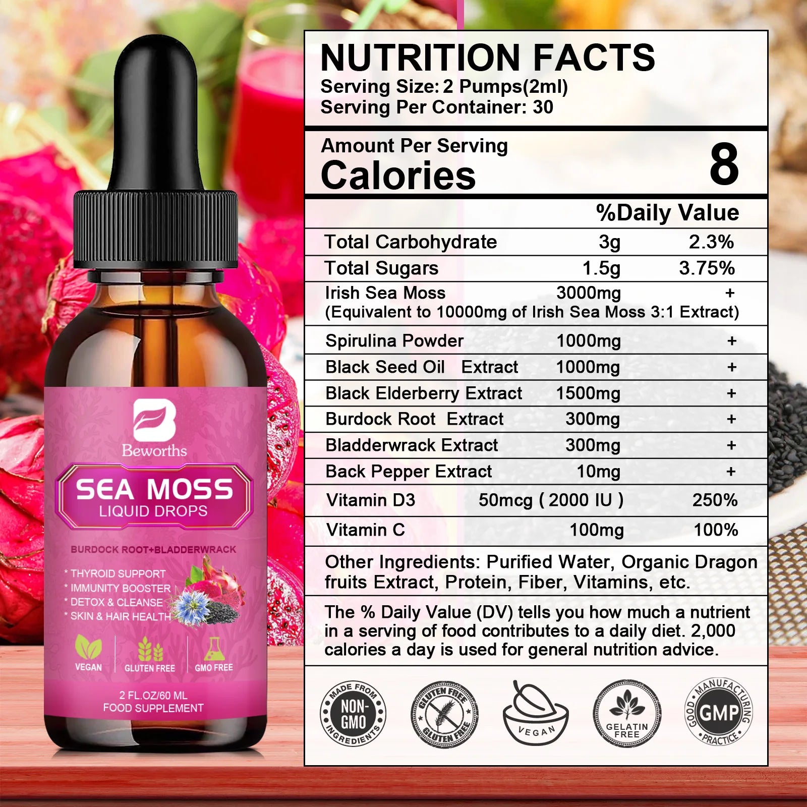Sea Moss Liquid Drops 3000mg – Black Seed Oil, Burdock Root & Elderberry Peaceful Pleasures Health and Wellness