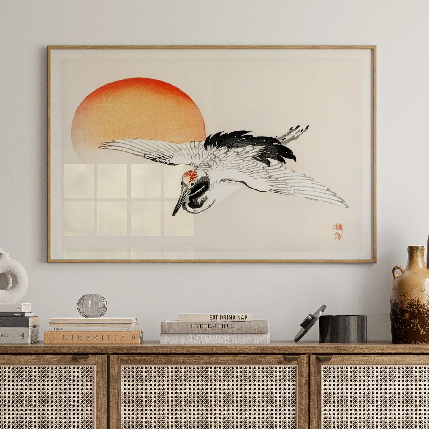 Flying Crane Sunrise Canvas Wall Art | Minimalist Print Decor