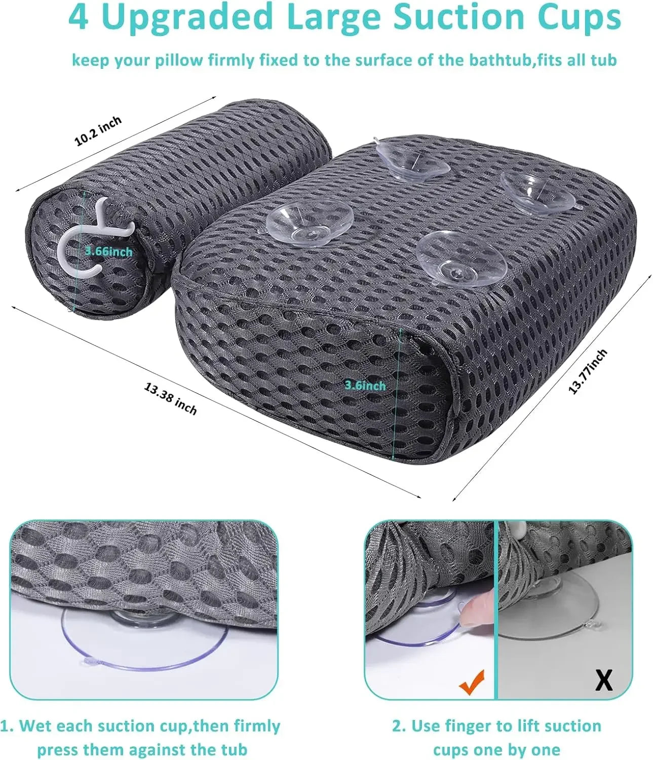 Comfortable Bathtub Pillow for Neck and Back Support, Gray Bath Accessories with Suction Cups Peaceful Pleasures Health and Wellness