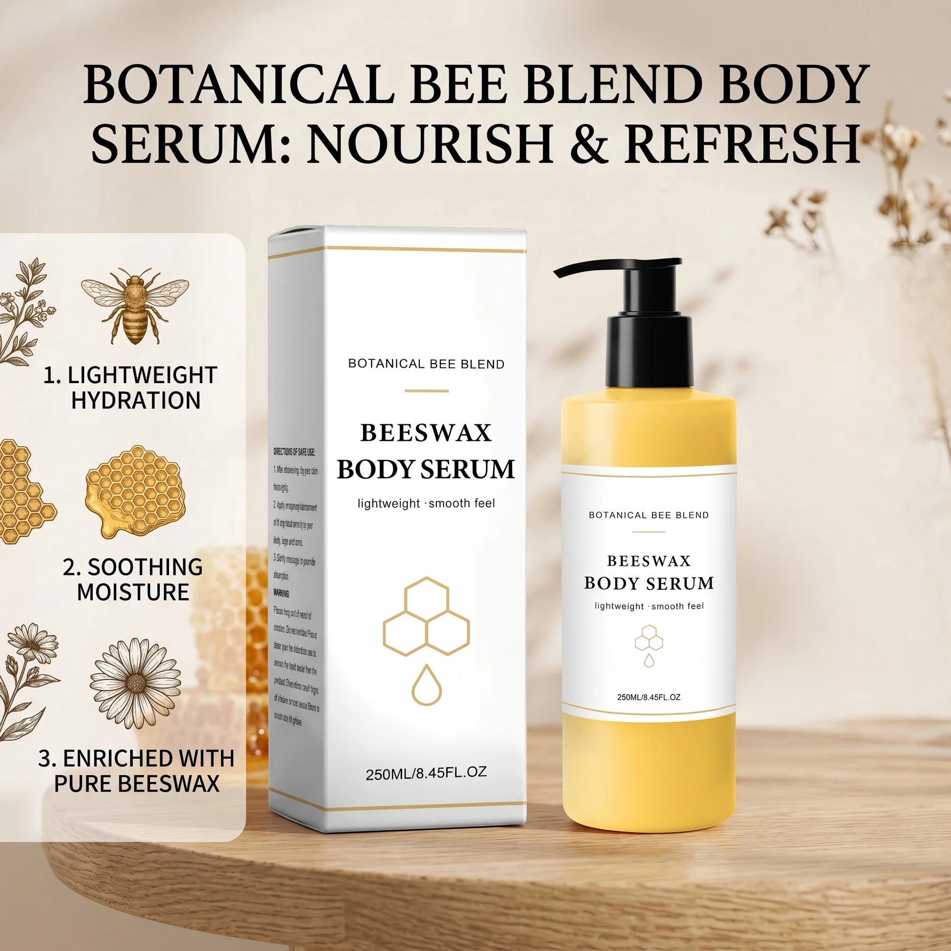 Beeswax Body Serum 250ml for Dry Skin, Nourishing Smooth Body Cream Firming Lifitng Skin Hydrating Serum Moisturizer Body Care Peaceful Pleasures Health and Wellness