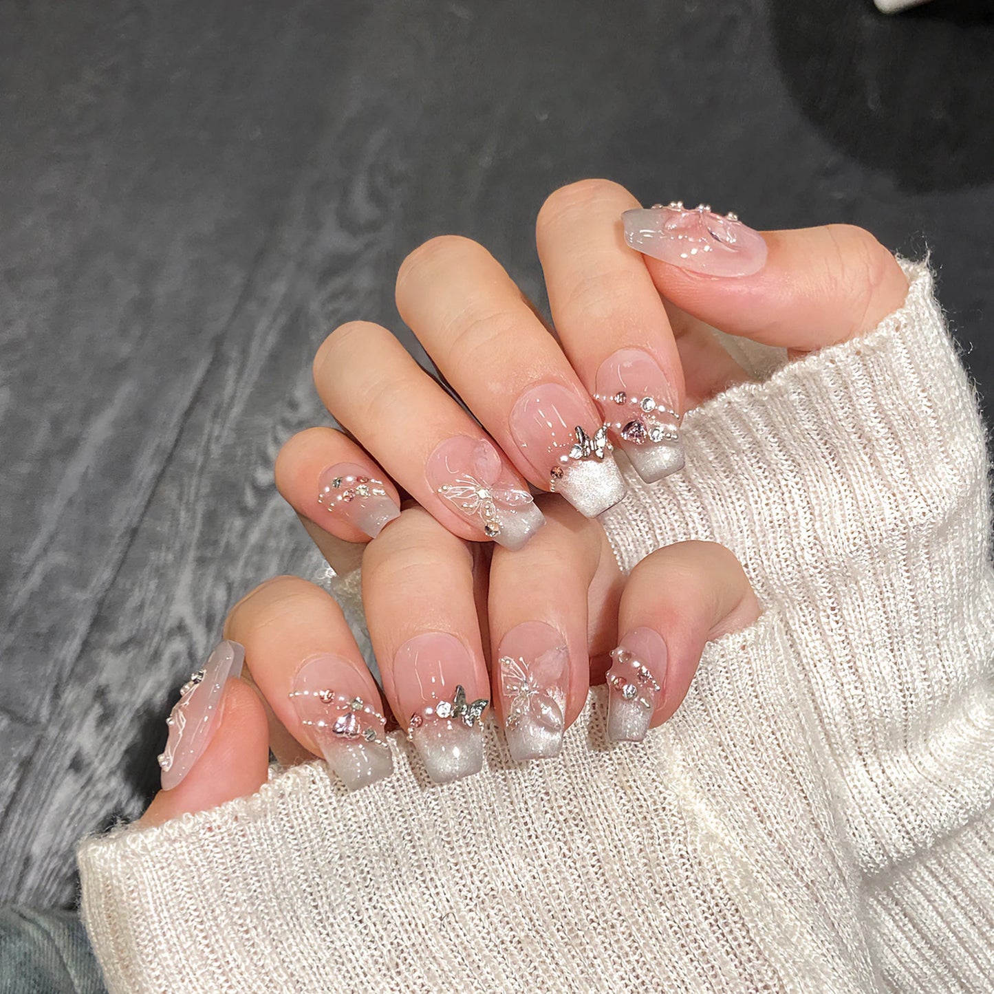 Handmade Press on Nails Sweet Pink Butterfly French Cat Eye Fake Nails Wearable Full Cover Shiny Love Korean Style Fake Nails Peaceful Pleasures Health and Wellness S