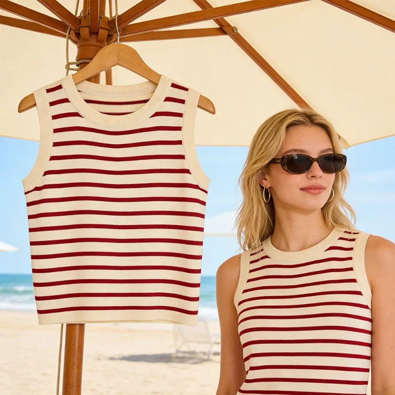Striped Knit Crop Tank Top – Slim Fit Sleeveless Camisole