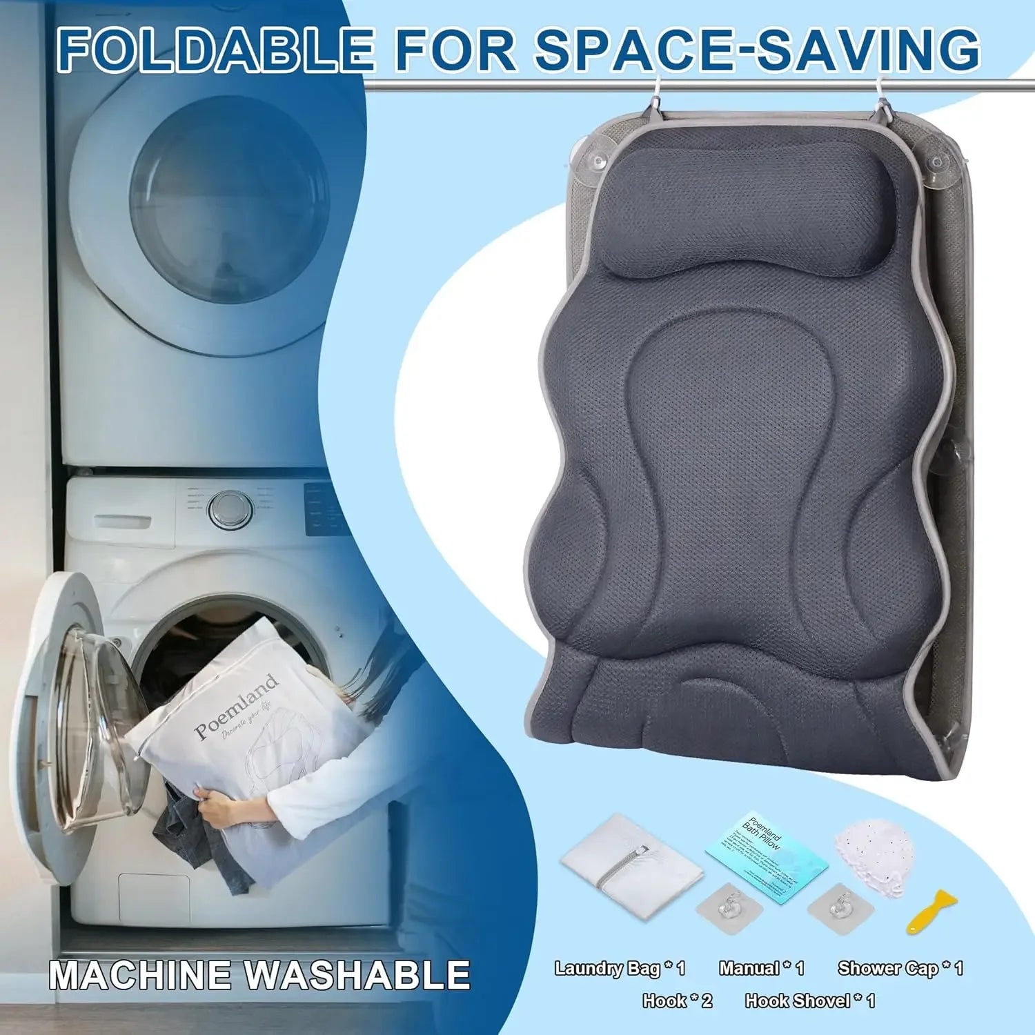Extra Long Bath Pillow with Head, Back & Lumbar Support, 168 Suction Cups, Soft Mesh for All Tubs - Gray Peaceful Pleasures Health and Wellness
