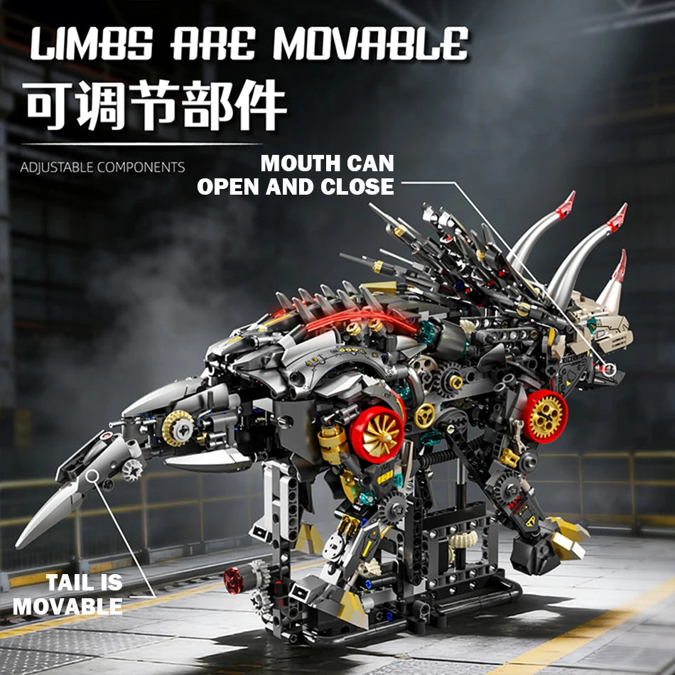 Motorized Mechanical Triceratops Model Building Blocks LED Jurassic
