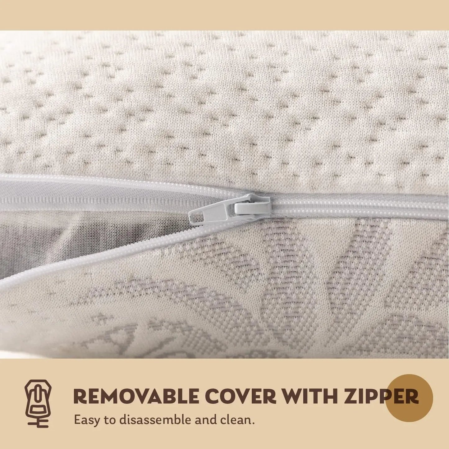 Mattress with a removable cover featuring a zipper, on a beige background.