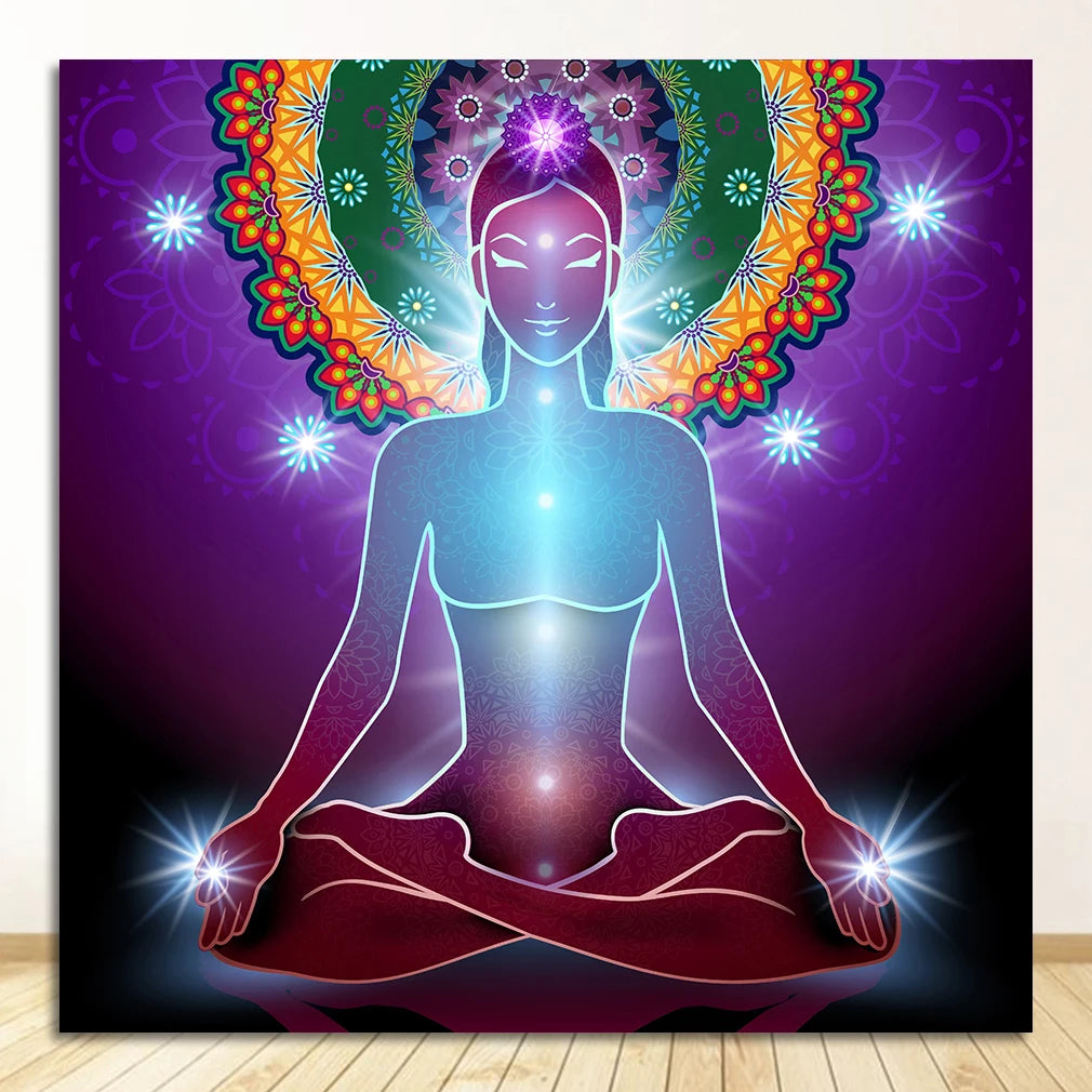 Buddha Statue Meditation 7 Chakra Mandala Psychedelic Yoga Boho Wall Art Paintings Décor Canvas Posters Prints Indian Peaceful Pleasures Health and Wellness 1629-05 40x50cm Unframed