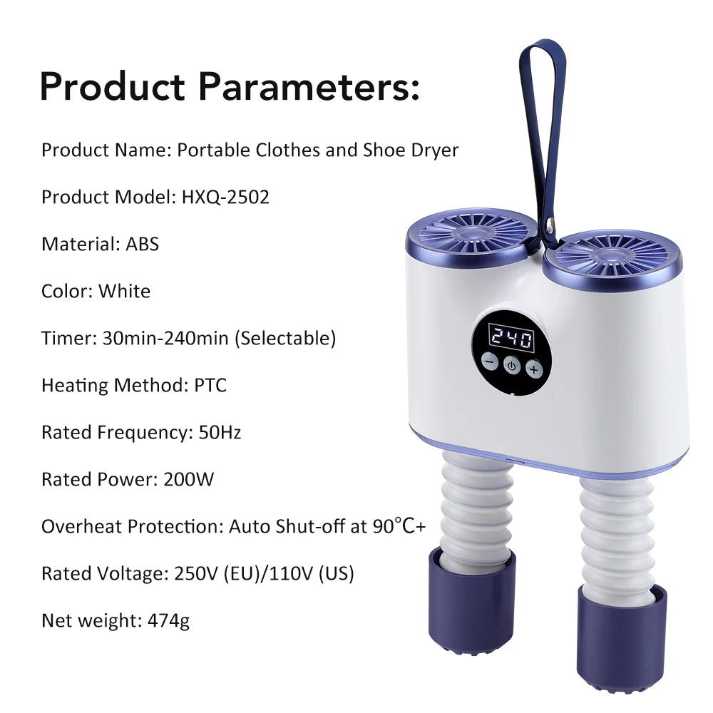 Portable Shoe Dryer with Fan Hot Air Heater Moisture Odor Home Smart Ski Boot Shoes Gloves Socks Fast Drying Machine with Timer Peaceful Pleasures Health and Wellness white color EU