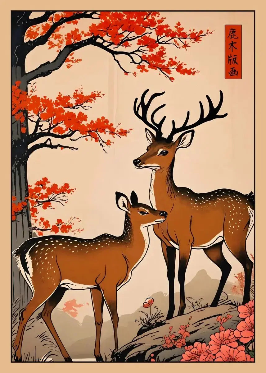 Japanese Animal Canvas Print | Vintage Tiger Fox Deer Retro Poster