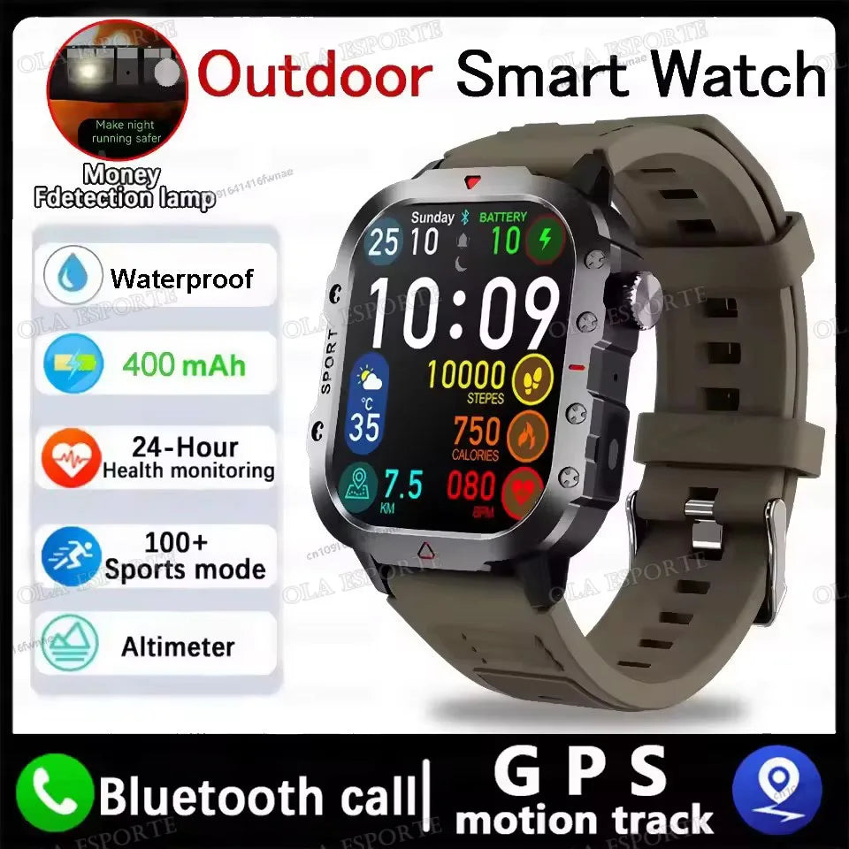 2026 New Military Outdoor Smart Watch Men's GPS Flashlight Bluetooth Call 2.01" AMOLED Screen 10ATM Waterproof Sports Smartwatch Peaceful Pleasures Health and Wellness NEW-Brownish