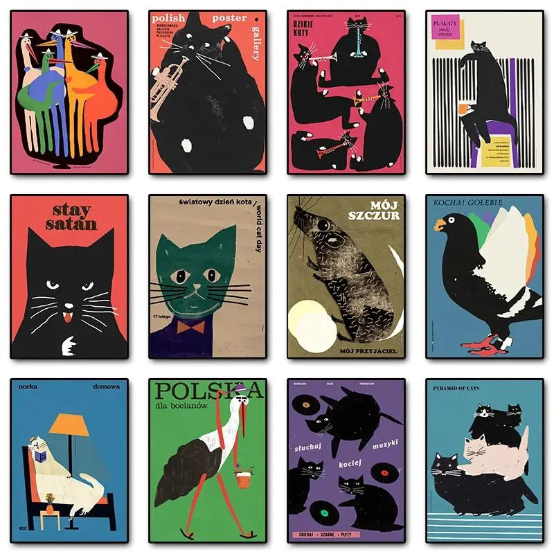 Original Polish Funny Abstract Animal Retro Poster Canvas Printing World Cat Day Dog Storks Wall Art Club Room Home Bar Decor Peaceful Pleasures Health and Wellness