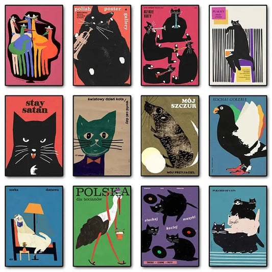 Original Polish Funny Abstract Animal Retro Poster Canvas Printing World Cat Day Dog Storks Wall Art Club Room Home Bar Decor Peaceful Pleasures Health and Wellness