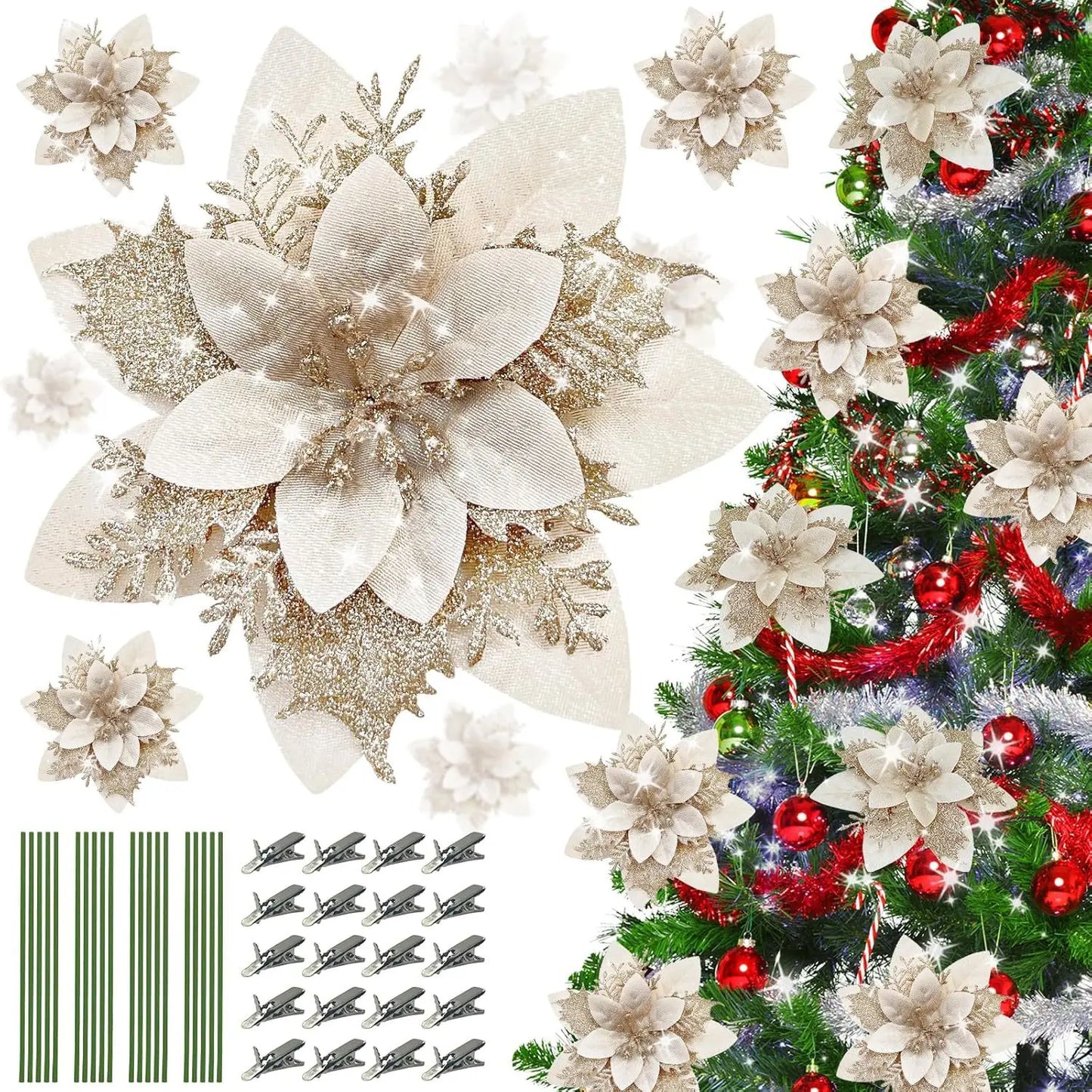 20 pieces of simulated Christmas flowers with clips and stems - lifelike red, gold, green, brown, purple, pink, orange, yellow, Peaceful Pleasures Health and Wellness Silver